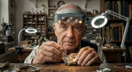 Dieses Bild veranschaulicht den Einsatz von LED-Lupen bei Präzisionsreparaturen. Ein erfahrener Uhrmacher trägt eine am Kopf befestigte Lupe und nutzt deren integriertes LED-Licht, um feinste Justierungen an einem Uhrwerk vorzunehmen.